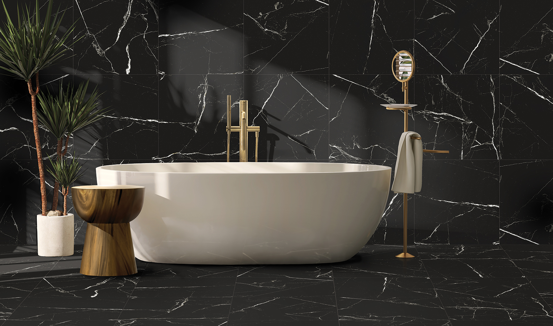 amenajare baie placi ceramice negre cu model de marmura caie freestanding obiecte sanitare aurii