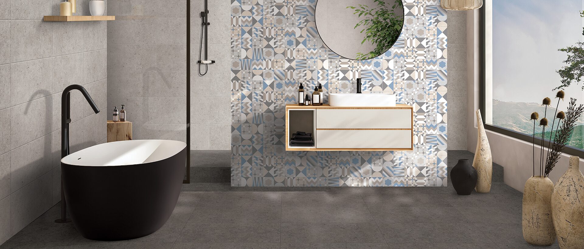 baie moderna amenajata cu gresie rectificata mata de la cesarom colectia terme perete accent cu forme geometrice