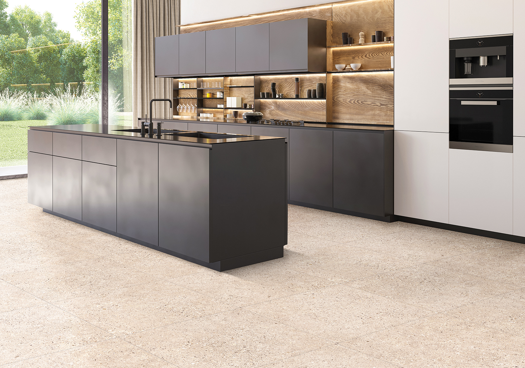 bucatarie amenajata in tendinte placi ceramice bej model terrazzo colectia breccia de la cesarom si mobilier minimalist gri antracit