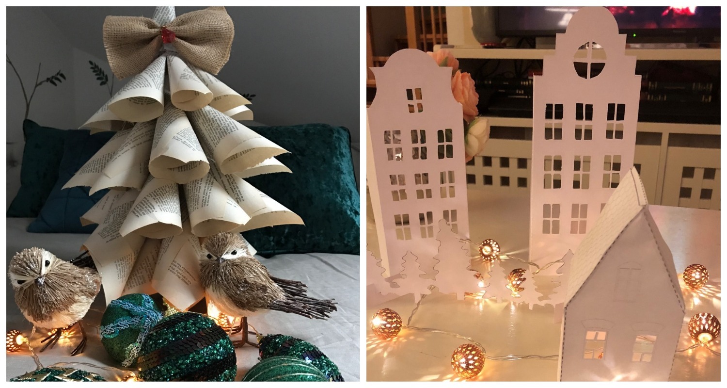 Decorațiuni de Crăciun făcute manual - căsuțe decupate și ghirlande de beculețe - designer Simona