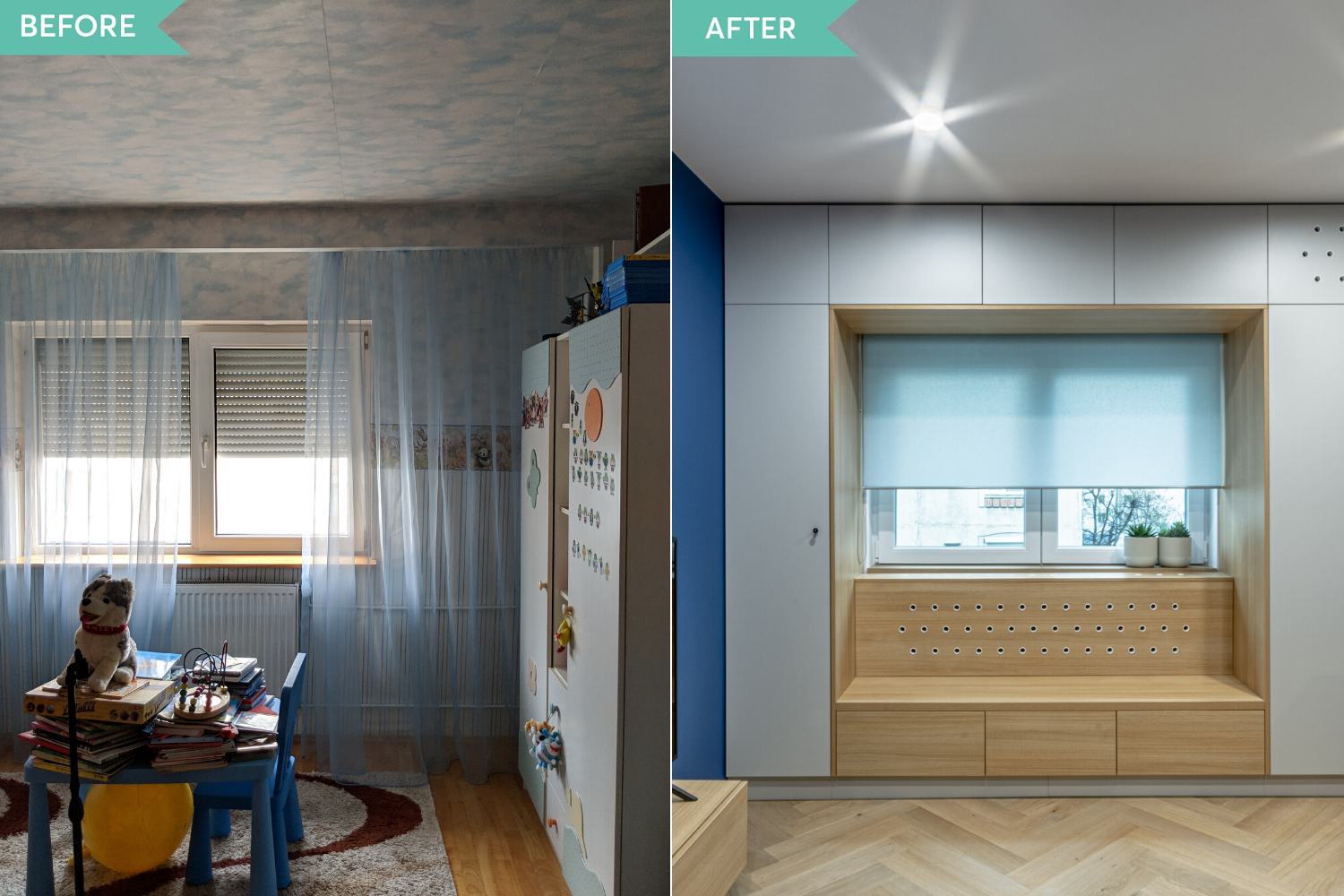 Before and after - amenajare camera copil cu perete albastru si window seat - Craftr (1)