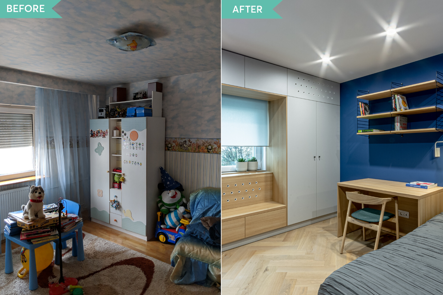 Before and after - amenajare camera copil cu perete albastru si window seat - Craftr (2)