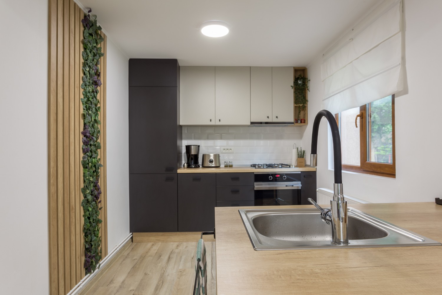 Zen Casa Comarnic - bucatarie cu insula riflaj perete mușchi verde