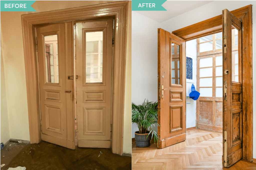 Renovare apartament vechi Amzei Bucuresti - Kanso Design arh. Andra Bica - usi hol inainte si dupa