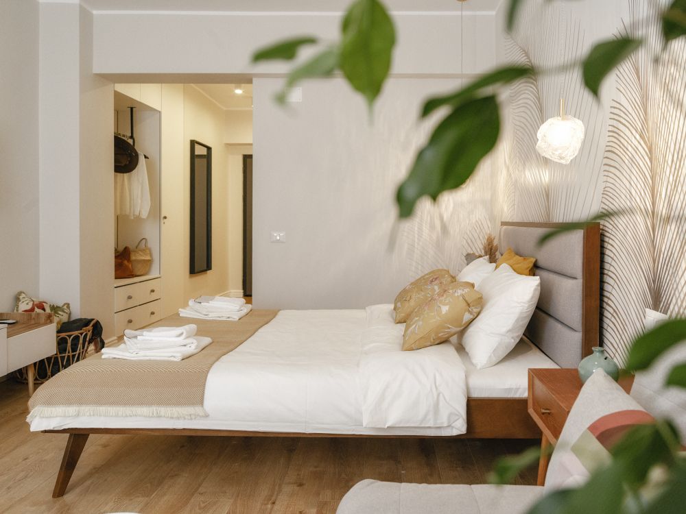 amenajare garsoniera open space cu dormitor in stil boho chic hol la intrare deschis plante si tapet