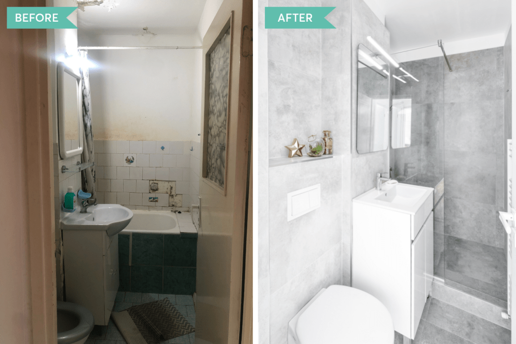 before after apartament airbnb Timișoara baie