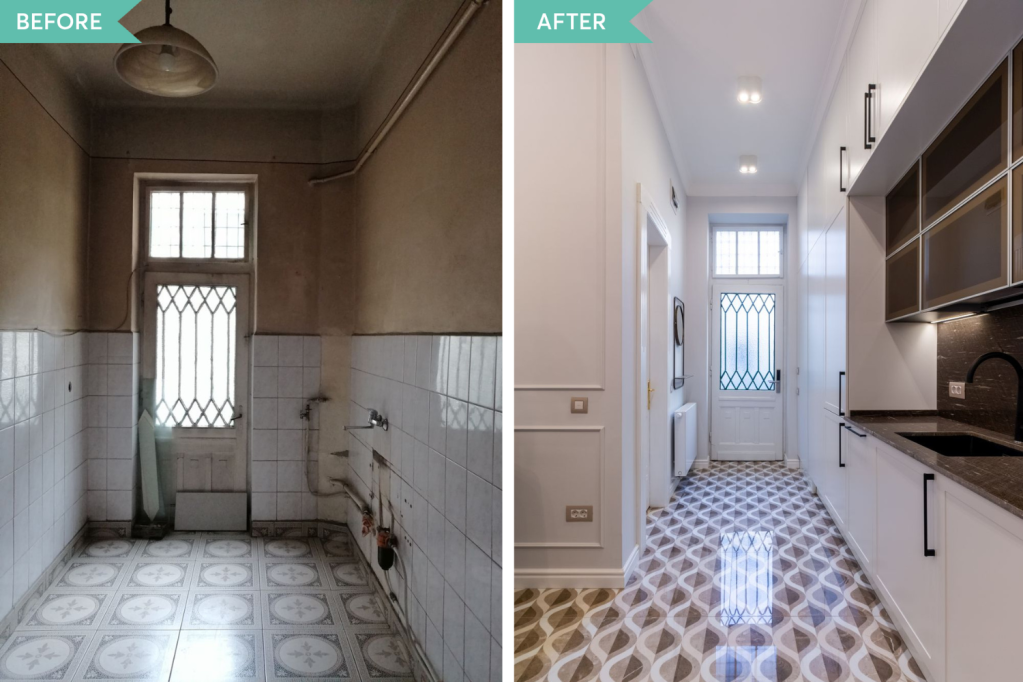 before after vedere din bucatarie spre intrare apartament mic