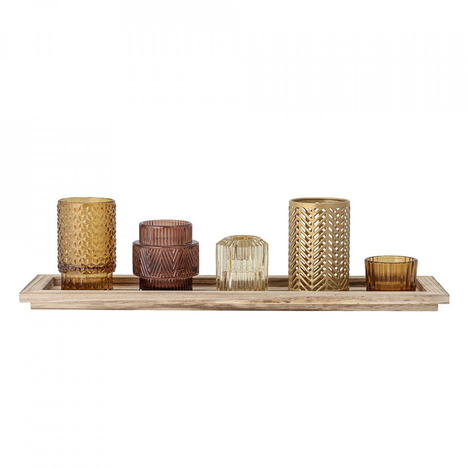 Set 5 suporturi lumânare și tavă din sticlă și lemn ELIZA BLOOMINGVILLE, 127 lei, The Home