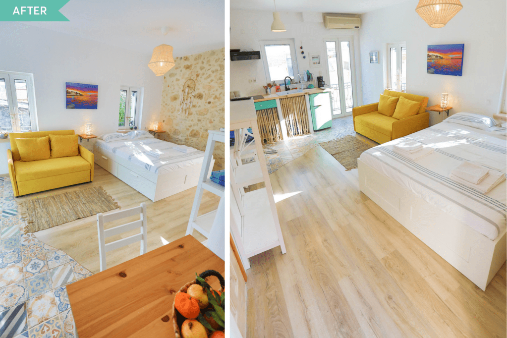 Ravi Studios Creta - dormitor mediteranean alb si galben