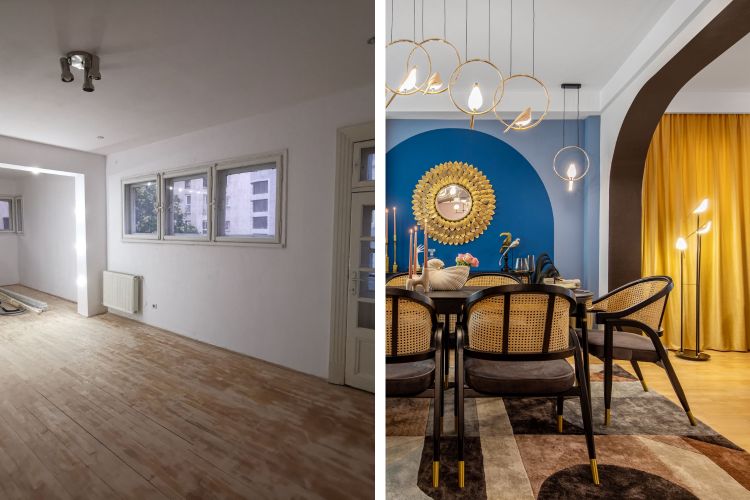 before after dining albastru si auriu