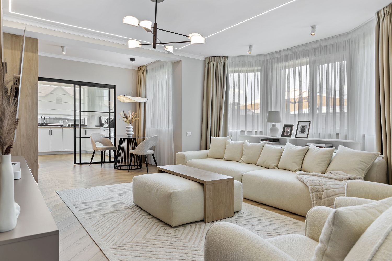 închidere bucătărie open space cu glasvand amenajare living stil japandi kuib design