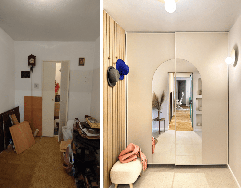 comparatie inainte si dupa renovarea holului in stil contemporan idei de depozitare pe hol dulap in locul debaralei oglinda in forma de arcada