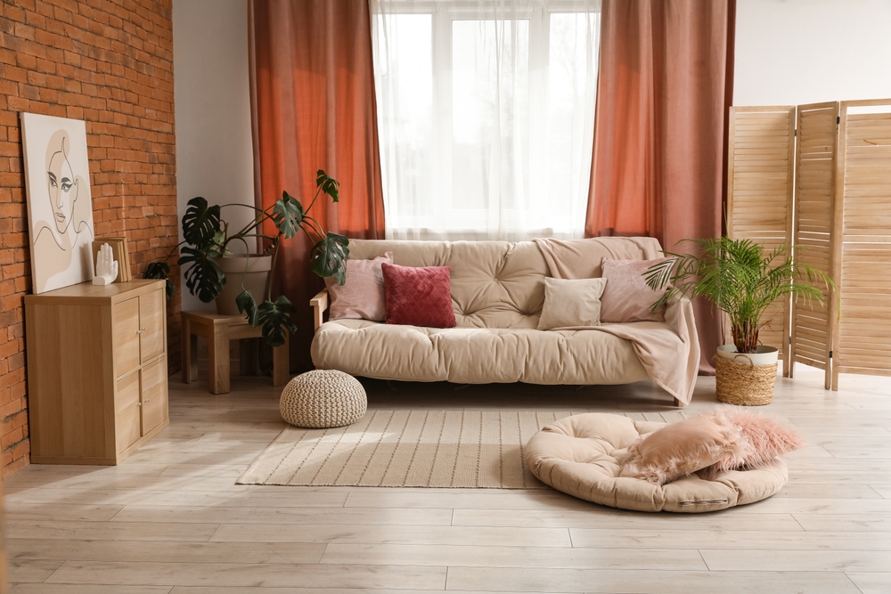living cozy cu perdele teracota si canapea