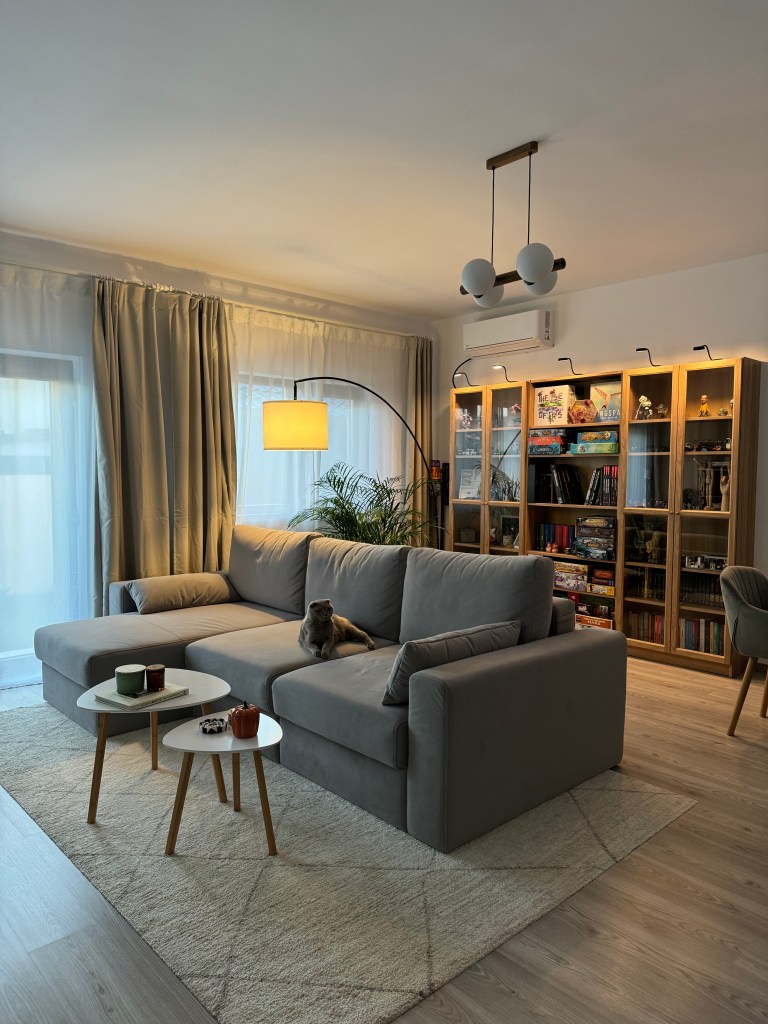 În living a gândit un spațiu cozy și bine echilibrat, unde confortul, lumina și textura devin elementele principale ale designului 