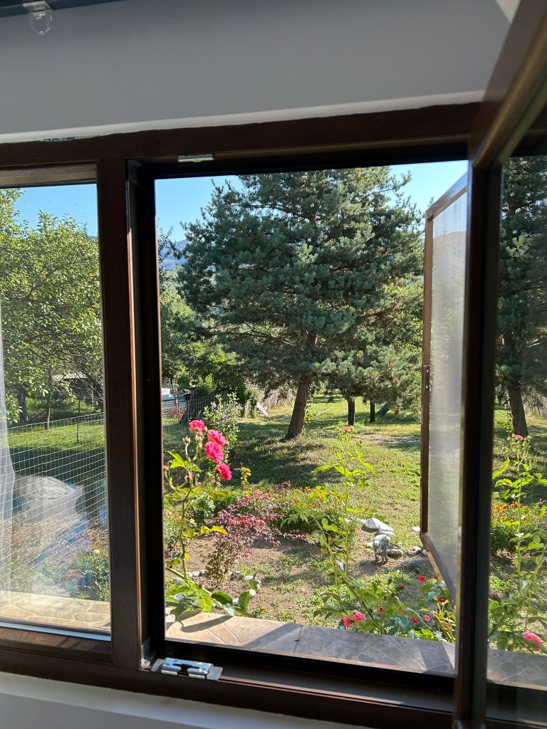 Tânăra mămică spune că adoră priveliștea de la geamuri, motiv pentru care a încercat să integreze nuanțele de verde și de alb atât în decorațiuni, cât și în mobilă